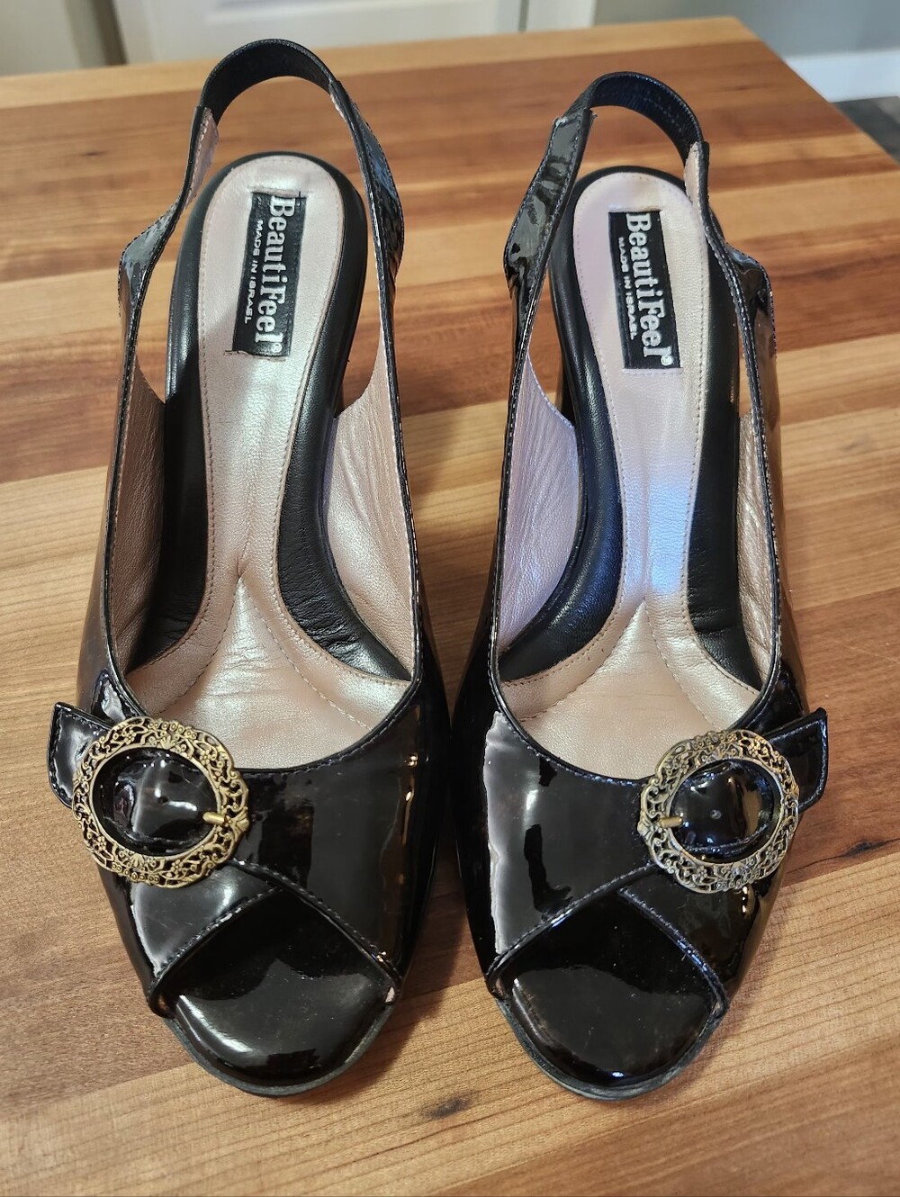 BeautiFeel Black Patent Slingback Heels with Gold Decorative Buckle Size 40.